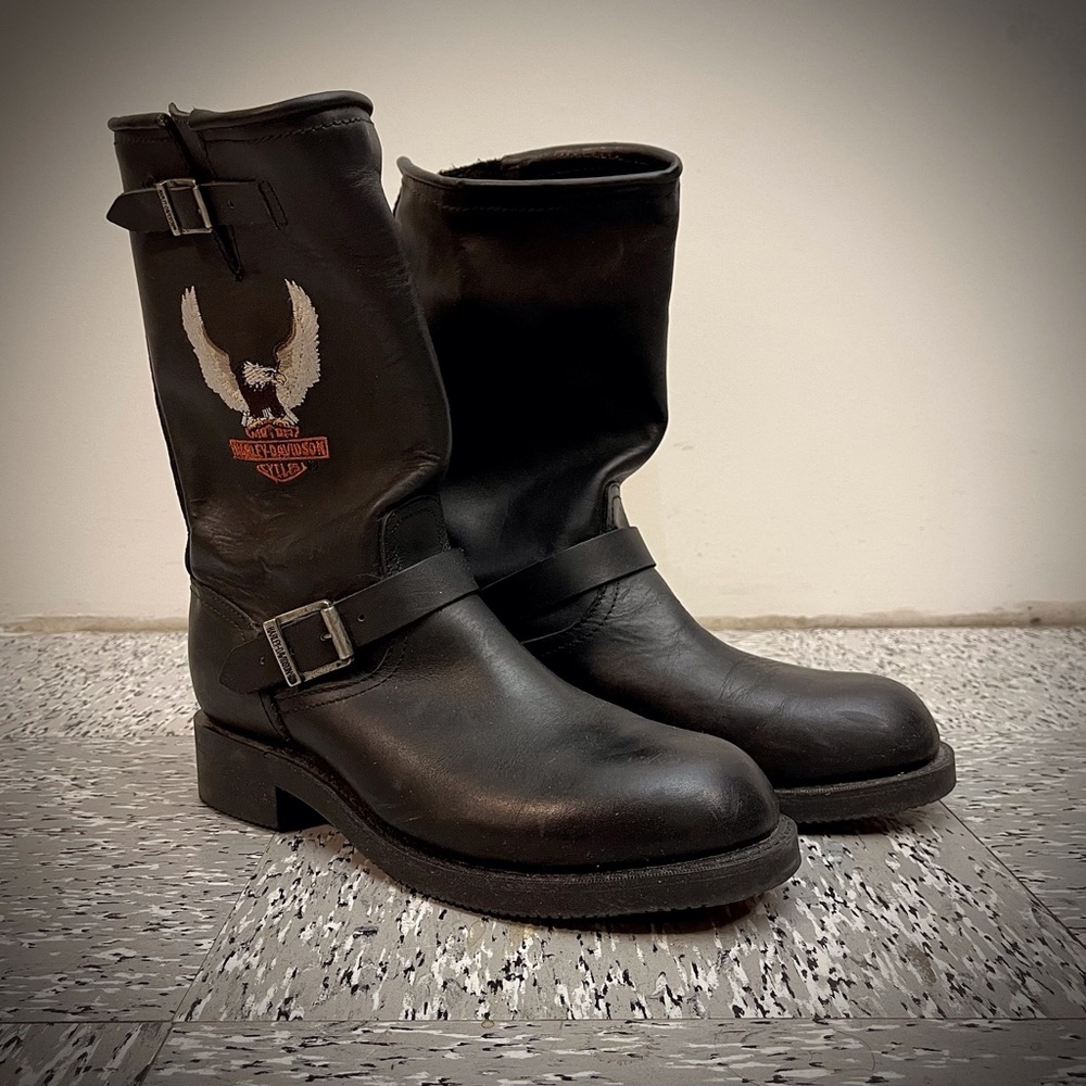 Men’s Harley Davidson Black Leather Motorcycle Biker Boots Moto Buckle - Picture 2 of 6